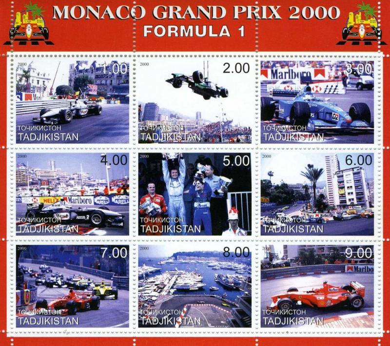 Tajikistan 2000 MONACO F1 GRAND PRIX (9) Perforated Mint (NH)