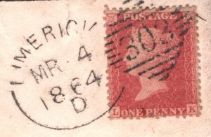 GB IRELAND Cover Superb *LIMERICK SPOON* (Irish Type) 1d Red 1862 {samwells}KA3