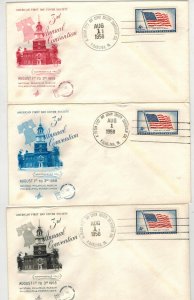 1958 AFDCS AMERICAN 1st DAY COVER SOC. SET OF 3 CONVENTION COLOR CACHETS 8/1