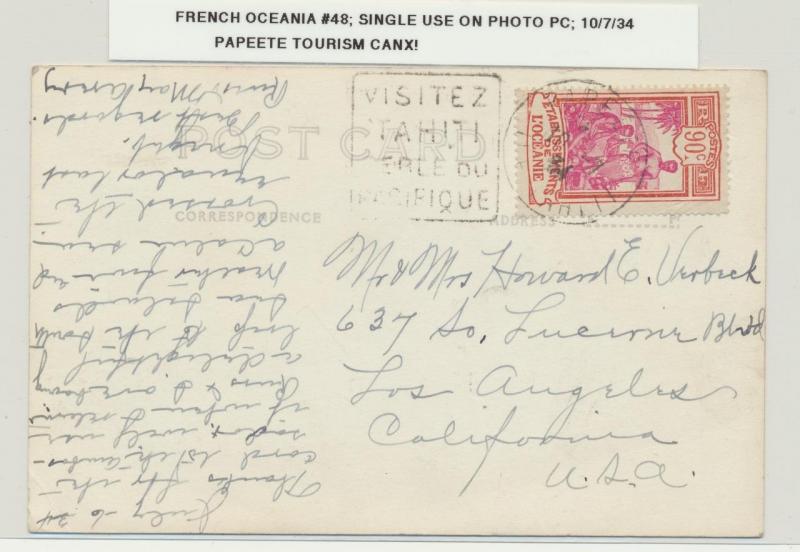 FRENCH OCEANIA 1934 TO USA, 90c SINGLE USE ON PHOTO CARD, PAPEETE TOURISM CDS