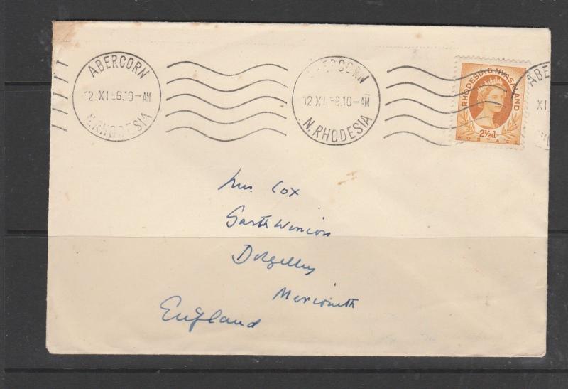 Northern Rhodesia 1956 Cover with Rhod/Nyasa 2 1/2d def, pmk ABERCORN, hand addr