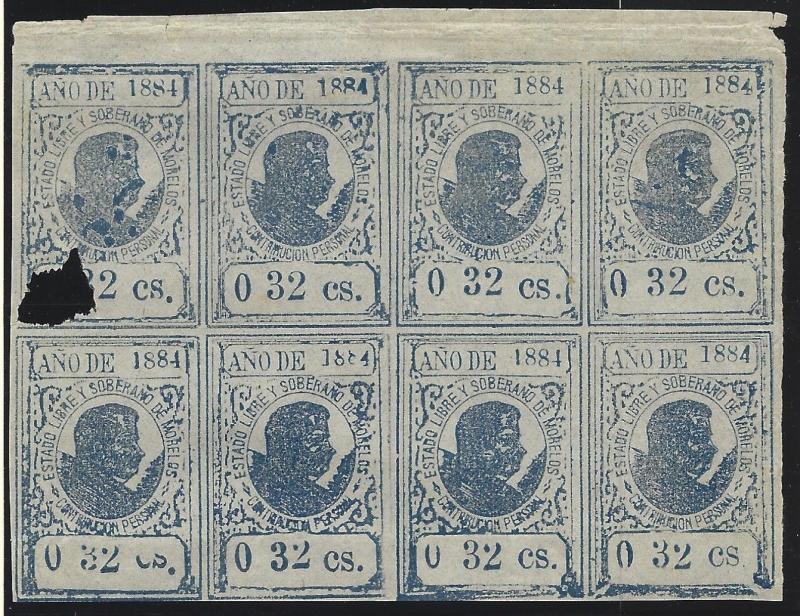 Mexico Revenue 1884 MORELOS/Morelos/Morelos Scarce BLOCK of 8 Unused (No gum)