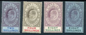 Gibraltar 1903 Edward issues 2/-, 4/-, 8/- & 8/- shades, nice