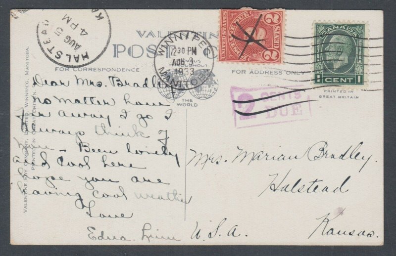 Canada Sc 195, US Sc J71 on 1933 Postage Due Post Card, Maryland Bridge Winnipeg