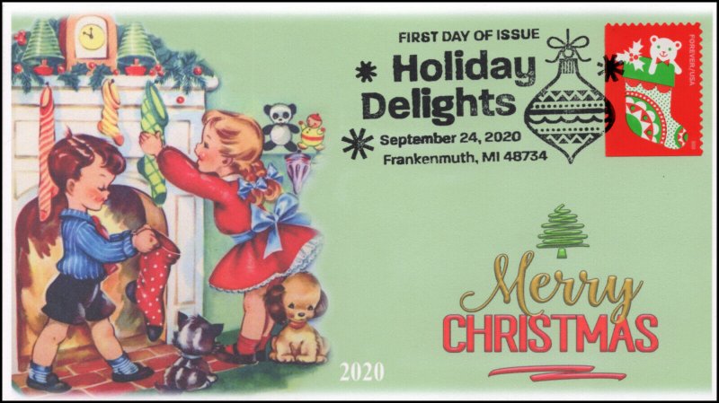 20-225, SC 5528, 2020, Holiday Delights, FDC, Pictorial Postmark, Stocking,