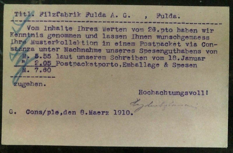 1910 Sirkeci Turkey Postal Stationary Postcard Cover To Fulda Germany