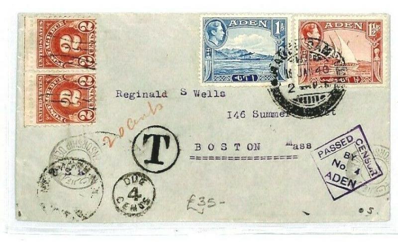 ADEN *Camp* USA Boston UNDERPAID Postage Due CENSOR 1940 WW2 {samwells} CW54