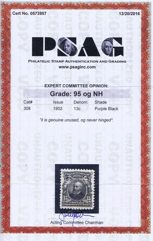 SC# 308 UNUSED OG NH MINT 13c HARRISON, 1902, PSAG CERT, GRADED XF SUP 95! 