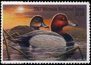 WISCONSIN #30 2007 STATE DUCK STAMP REDHEAD by Arthur Anderson