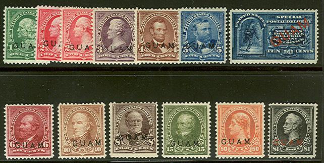 GUAM #1-8, 10-12, E1  1¢-$1.00 plus special delivery, all og, hinged, F/VF