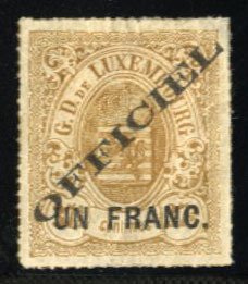 Luxembourg #O10 Cat$150, 1875 1fr on 37 1/2c bister, hinged, thin, signed Diena