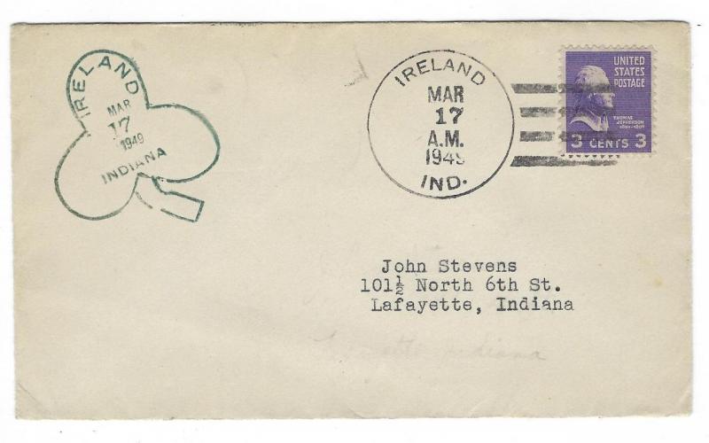 1949 USA Ireland, Indiana Special Cover (RR5)