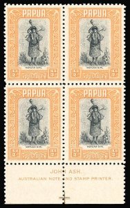 Papua 1932 Motuan Girl ½d black & orange JOHN ASH Imprint block 4 MNH. SG 130.