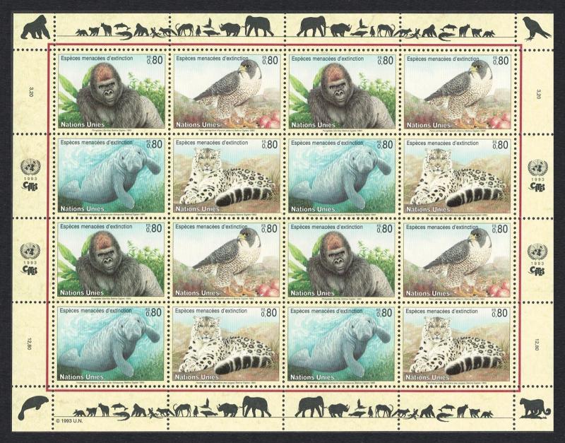 UN Geneva Birds Gorilla Falcon Manatee Leopard Sheetlet of 4 sets SG#G228-31