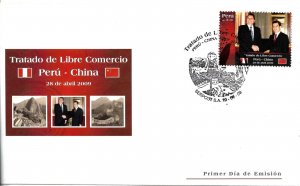 PERU 2009 FREE COMMERCE TREATY BETWEEN PERU AND CHINA MOUNTAINS FDC CANCEL
