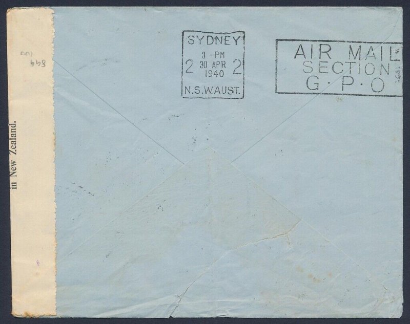 AUSTRALIA 1940 New Zealand-Australia censor airmail cover.