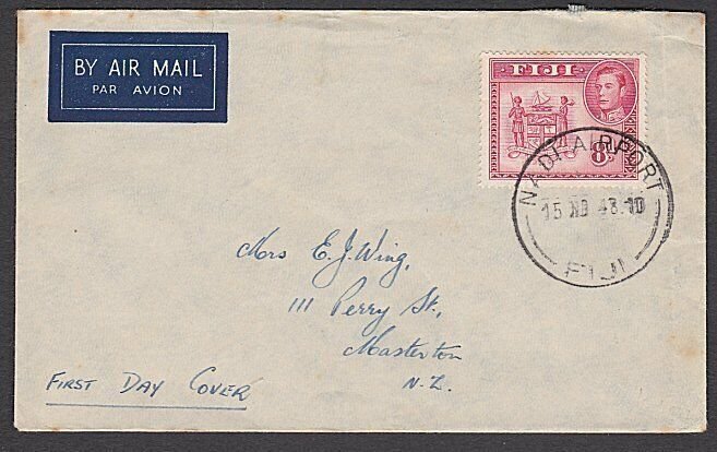 FIJI 1948 GVI 8d on plain FDC to NZ - NADI AIRPORT CDS......................R551