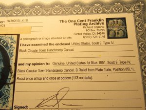 US Stamps, Scott # 9 used, Black Town Cancel, with Certificate, Type IV 1851,