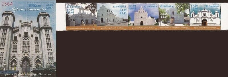 Salvador - 2003 Churches - 5 Stamp Strip + Souvenir Sheet - Scott #1591-2