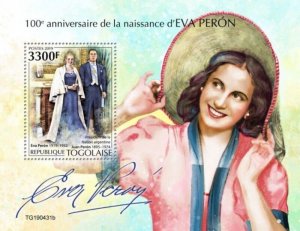 Togo - 2019 Eva Peron Anniversary - Stamp Souvenir Sheet - TG190431b