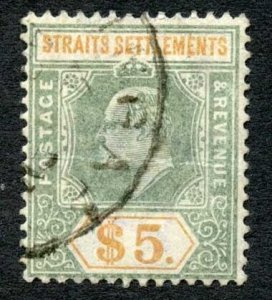 Straits Settlements SG121 5 dollars Wmk Crown CA(crease) Cat 200 Pounds