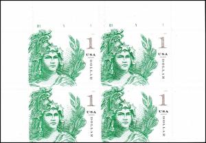 US 5295 Statue of Freedom One Dollar Emerald Green $1 plate block MNH 2018