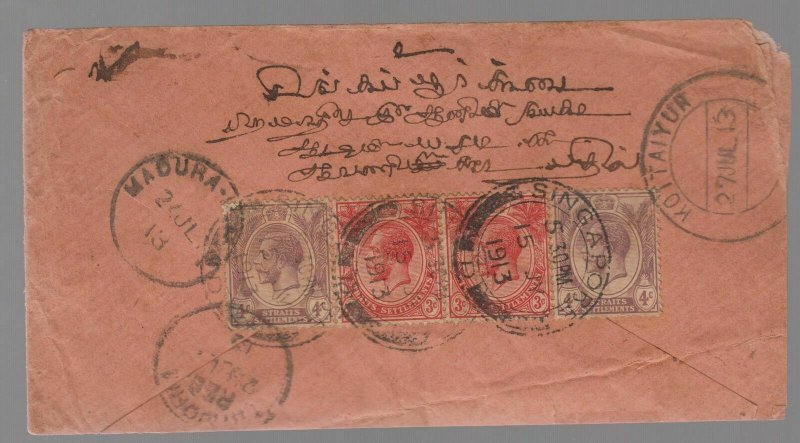 1913 Straits Settlement Singapore Cover to India