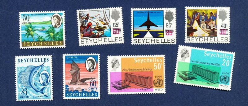 SEYCHELLES - # 202A, 205A, 206B, 228-229, 294-6, VFMNH - Bat, FISH, WHO, 1962-66