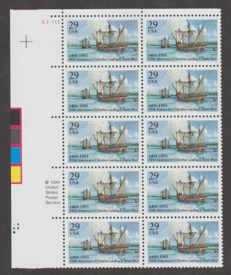 U.S. Scott #2805 Columbus in Puerto Rico Stamps - Mint NH Plate Block of 10