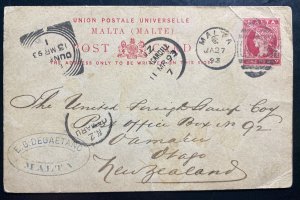 1893 Valletta Malta Postal Stationery Postcard Cover To Oamaru New Zealand