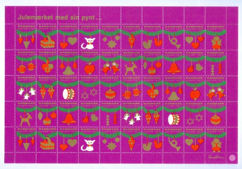 Denmark.1977. 10 Sheet Christmas Seal, Unfold .Deco. Cat,Birds,Star.4 Side Perf. 