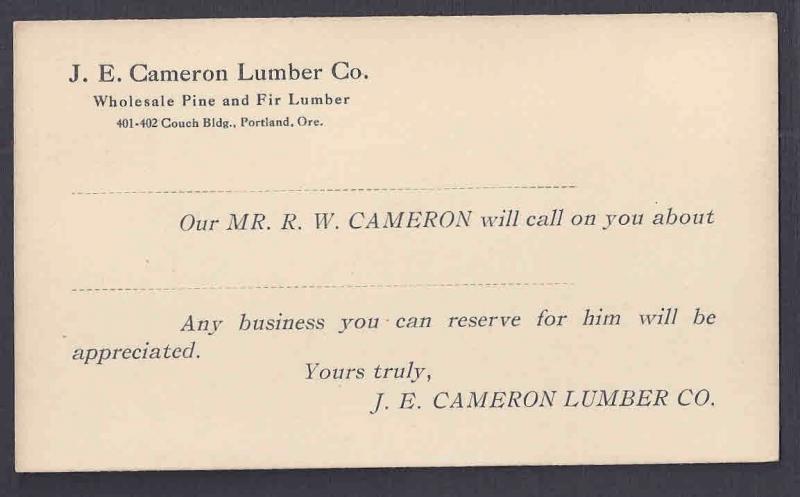 Ca 1910 P C UX20  MINT FACE ORE, J E CAMERON SALESMANS CALLING CARD