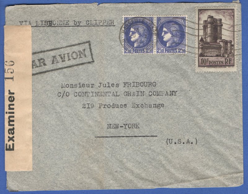 1941 TRINIDAD Censored cover, France to USA via Trinidad, Scarce Ex 156