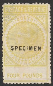 SOUTH AUSTRALIA 1886 QV Postage & Revenue £4 lemon, SPECIMEN. Rare type.