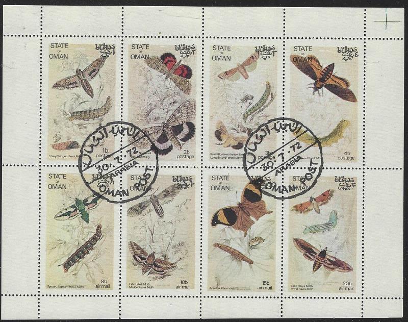 Oman: CTO (Used) Miniature Sheet of 8 Moths