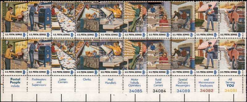 US PB Scott 1489-1498 Plate Block of 20 (8 cents)  Free Shipping