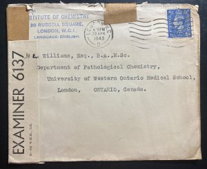 1943 London England Institute Of Chemistry Censored Cover to London Canada