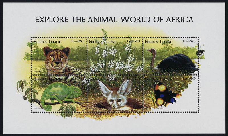 Sierra Leone 2105 MNH Cheetah, Ostrich, Chameleon, Fox, Butterfly, Flower