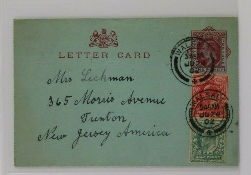 GB Letter postal Card Walsall cancel England 1902 to USA KGV uprated Sc#127 128