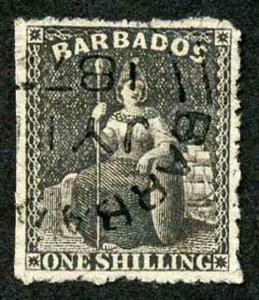 Barbados SG51 1/- Black rough perf 14 to 16 Cat 18 pounds