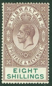 SG 101 Gibraltar 1921-27. 8/- dull purple & green. A fine fresh very lightly...