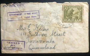 1942 Port Moresby Papua Censored Army Department Cover To Toowoomba Australia