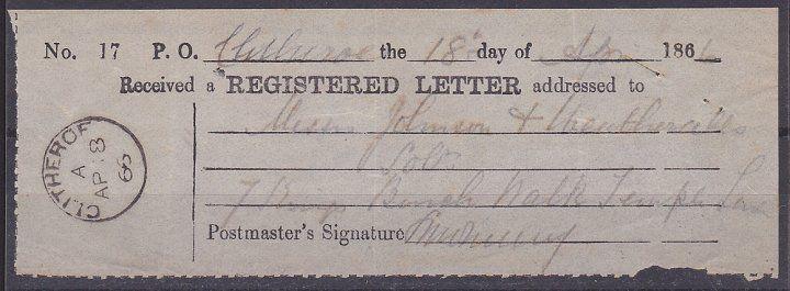 GB 1866 Registered Letter Receipt - CLITHEROE cds...........................1275
