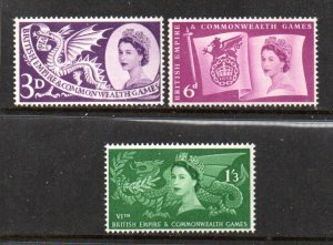 Great Britain Sc 338-340 1958 Commonwealth Games stamp set mint NH