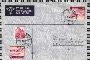 Switzerland 1948 Zum. F31 70r Tessen X2 on Flight Cover to USA