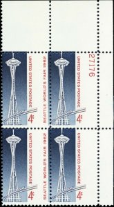 1196, Mint NH 4¢ Seattle Space Needle Misperfed Error Plate Block - Stuart Katz