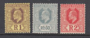 Ceylon Sc 191-193 MLH. 1905-10 KEVII issues, run of 3 diff Rupee values, sound.