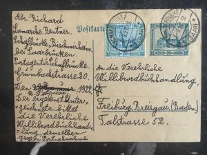 1927 Saar Germany Uprated Postal Stationery Postcard Cover to Freiburg