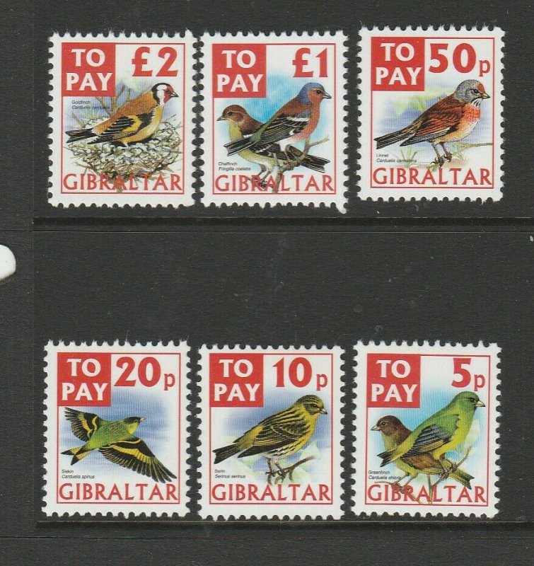 Gibraltar 2002 Postage dues, Finches, UM/MNH ( 10p is MM ) SG D26/31