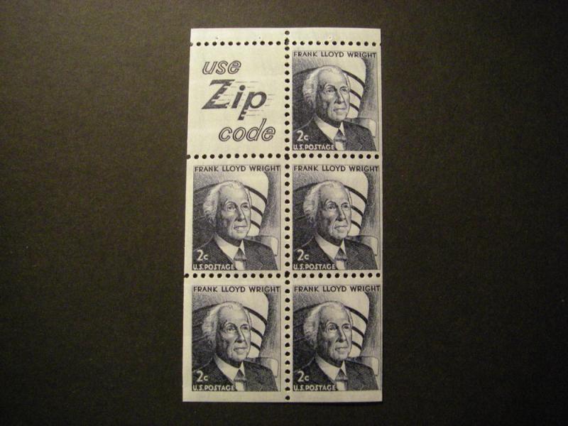 Scott 1280a, 2c Frank Lloyd Wright, pane of 5, Slogan 5, MNH shiny gum